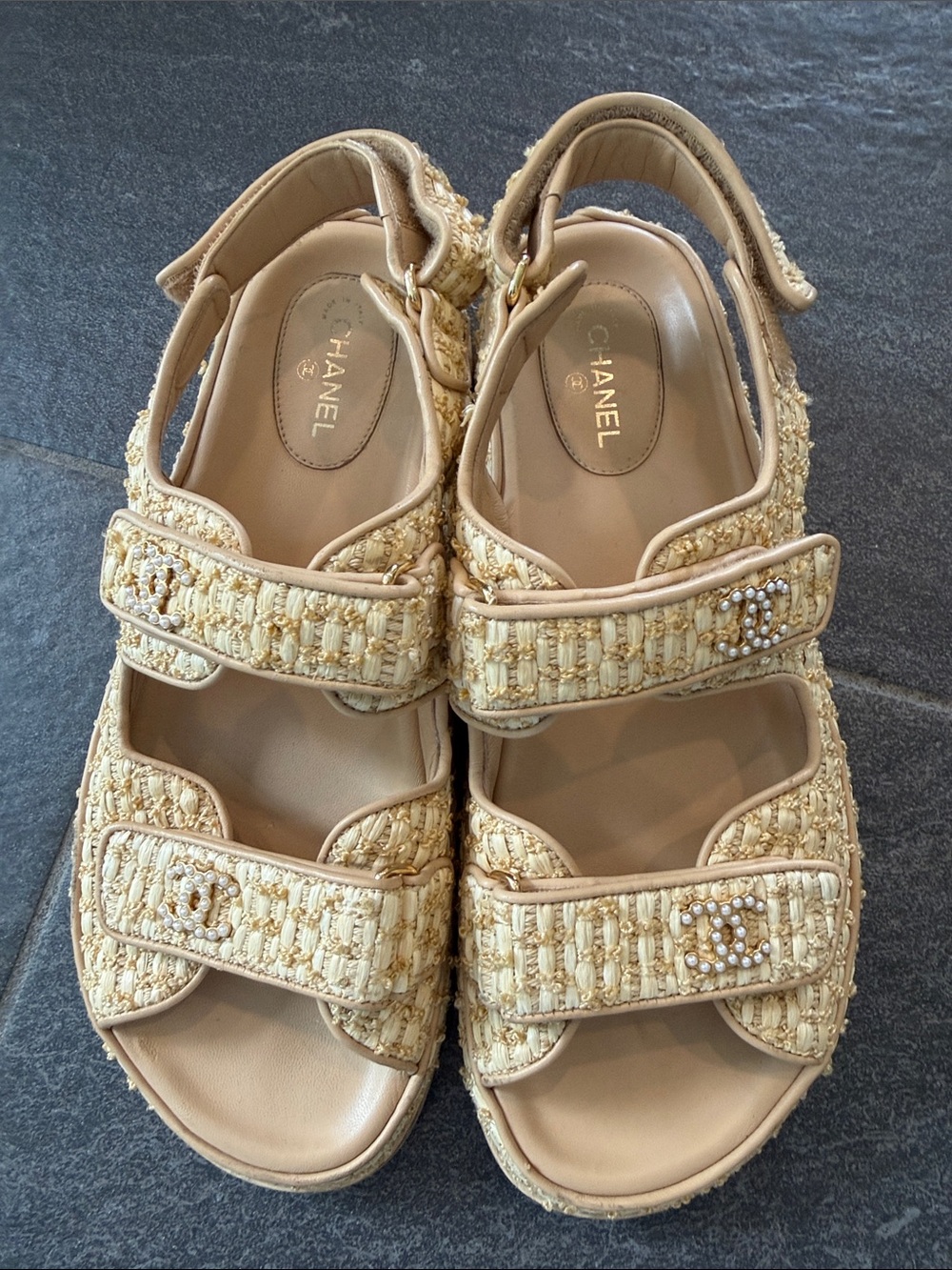 CHANEL Beige Tweed Pearl CC Strap Sandals